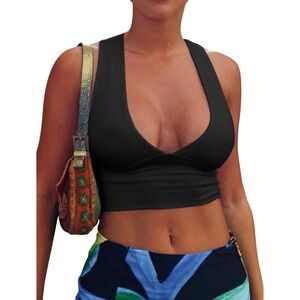 AEPEBO Plunge V-Neck Sleeveless Racerback Cropped Tank Top in Black Size XS